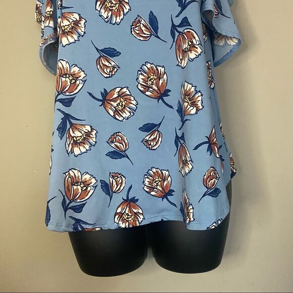 THREADS Studio Cold Shoulder Floral Blue Classy Top Short Sleeve Blouse - Picture 4 of 7